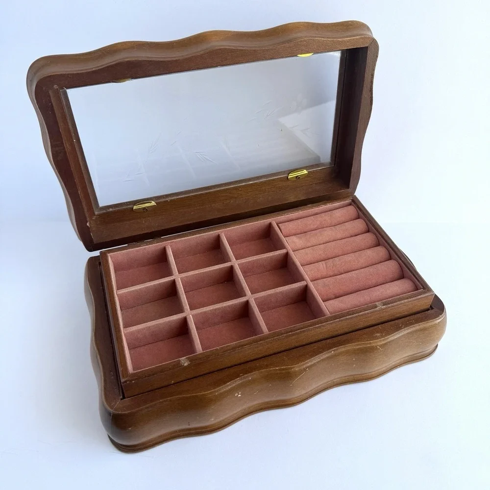 Vtg Wood Etched Glass Jewelry Box Serpentine Cottagecore Bird Flower Girlhood